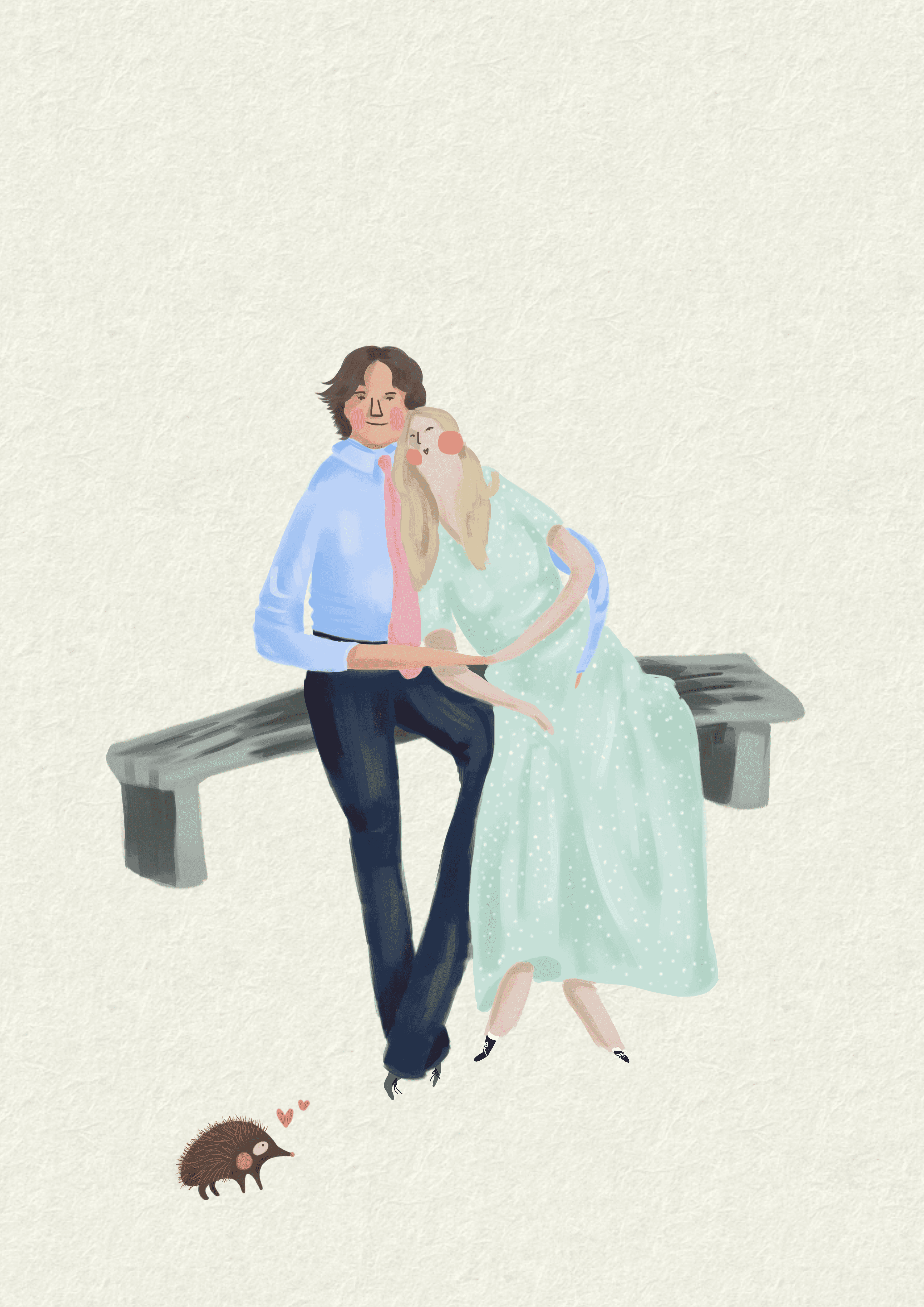 Couple on a bench with a hedgehog