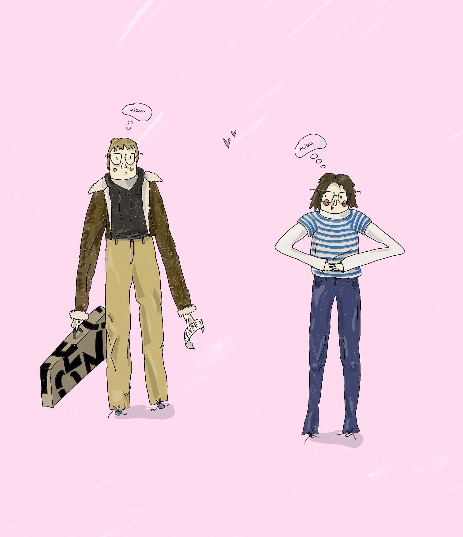 Two illustrated people on pink background