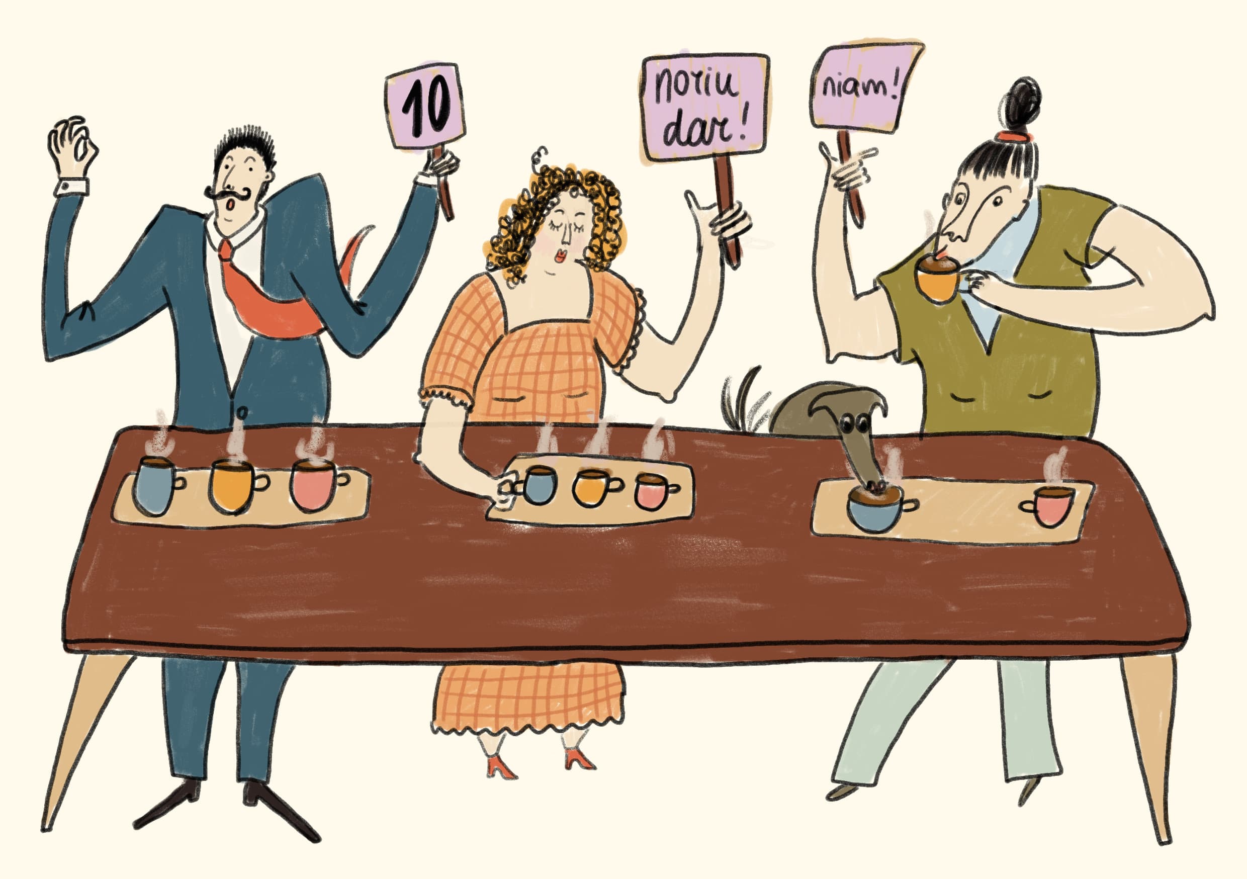 People judging coffee at a long table