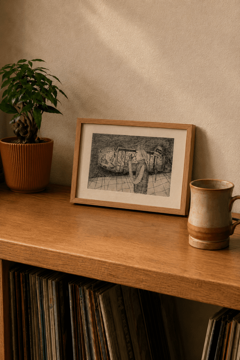 žiogas / bus ticket — framed in interior