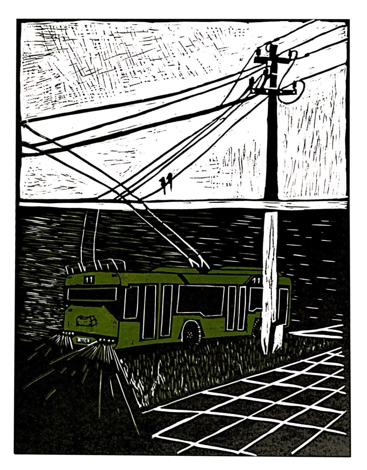 troleibusas / trolleybus — linocut print