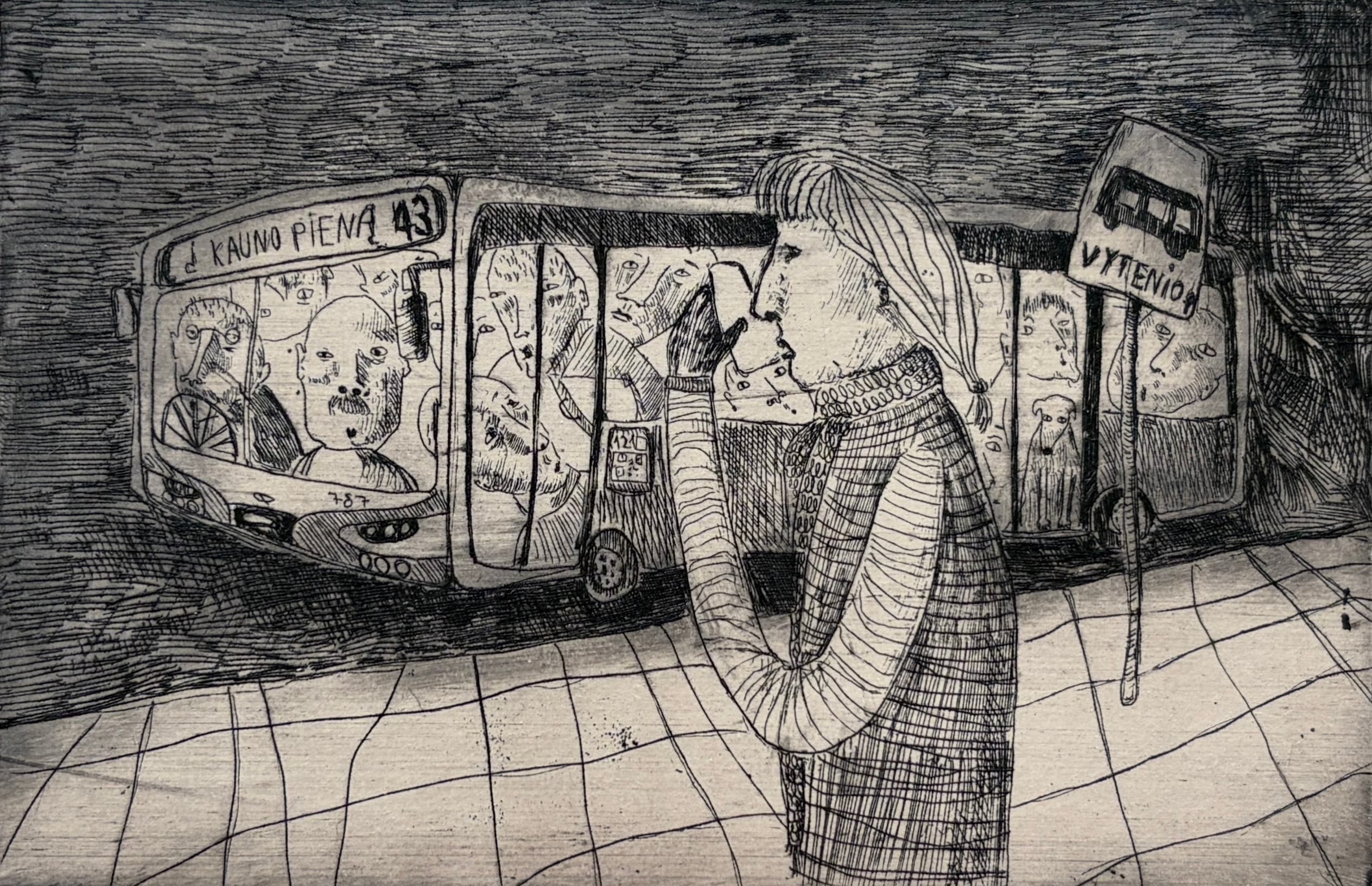 žiogas / bus ticket — etching